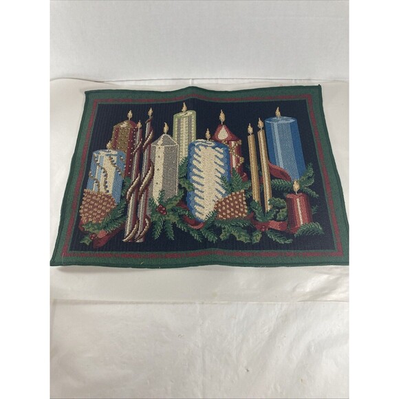 Christmas Candle Tapestry Table Runner & 10 Placemats Jewel Tones Metallic - Picture 2 of 10